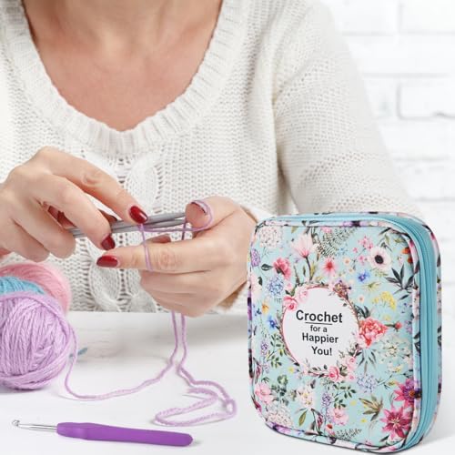 Crochet Hook Case,Portable Zipper Storage Organizer Bag for Crochet Hooks, Knitting Needles, Project & Sewing Supplies, Lightweight,Easy to Hold (No Accessories Included).Blue Summer Flower