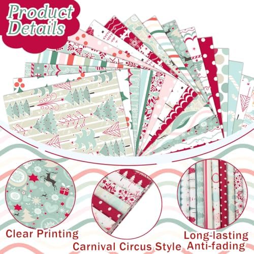 HunnmingRe 20 Pcs 10''x10'' Pastel Christmas Quilting Fabric Square Pink Green Precut Quilted Fabric Bundle Reindeer Xmas Tree Sewing Material for Winter Patchwork Scrapbook Junk Journal DIY Craft