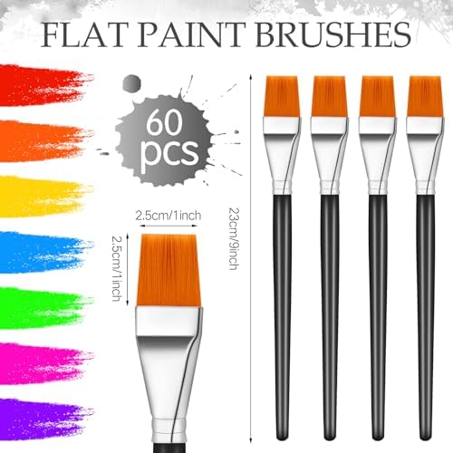 Crtiin 60 Bulk 1 Inch Flat Paint Brushes for Acrylic Painting Large(Black)