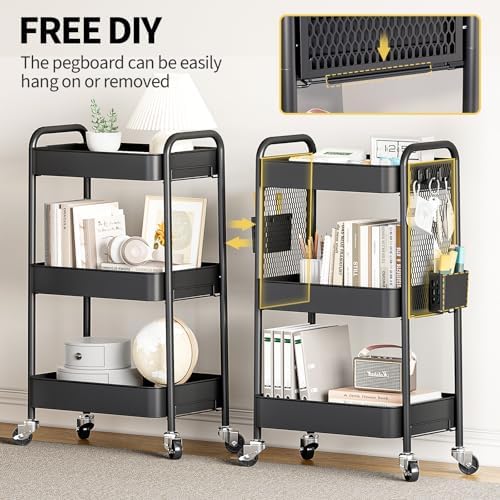 TOOLF 3 Tier Rolling Cart, Metal Utility Storage Cart with Pegboard, Black | 2 Bins & 4 Hooks, Screwless Assembly, Lockable Wheels, Trolley Organizer for Bathroom, Kitchen, Office, Dorm, Craft Room