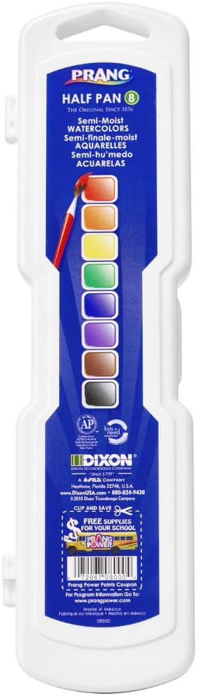 Prang Semi-Moist Watercolors 8-Color Half Pan Paint Set, Pack of 1 | Refillable, Size 6 Paint Brush Included