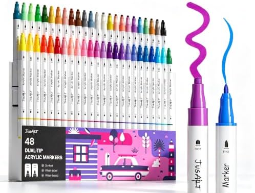 JusArt Acrylic Paint Markers 48 Colors, Dual Tip Art Supplies for Rock