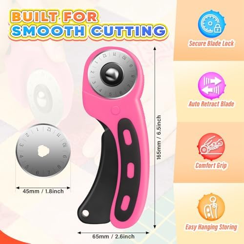 DIYSELF Rotary Cutter, Sharp Rotary Cutters for Fabric, 45 mm Quilting Cutter with Safety Lock, Fabric Cutter, Craft Supplies Sewing Tools, Mat Cutter Blades Rotary Tool for Quilting Projects (Pink)