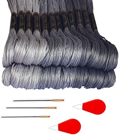 Premium Grey Embroidery Floss - Cross Stitch Threads - Friendship Bracelets Floss - Crafts Floss- Hand Embroidery Thread 24 Skeins Per Pack and Free Set of 3Embroidery Needles and 2 Needle Threader