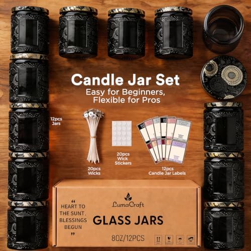 LumaCraft Luxury Embossed Glass Candle Jars for Making Candles - 12 Pack 8oz Empty Candle Containers with Airtight Metal Lids, 20 Wicks & 20 Stickers, Colored Glass Jars for Gifts & Decor