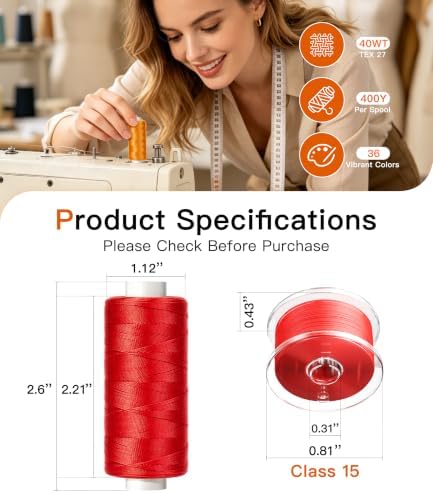 72Pcs Professional Sewing Thread Kit 36 Colors, [Max Strength & Low Lint] All Purpose Sewing Thread with Prewound Bobbins, Polyester Sewing Machine Thread for Sewing Quilting Repair (400 Yards/Spool)