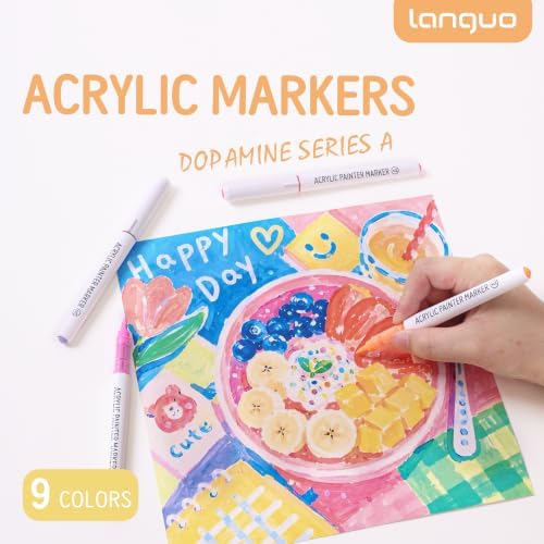 languo Acrylic Paint Markers, 9 Colors Dopamine Series A, Soft Brush Tip