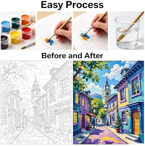 Paint by Numbers Kit for Adults - Colorful Town Street with Clock Tower, DIY Paint by Number, Oil Painting Style Canvas, Adults Paint by Number Kits for Home Wall Art