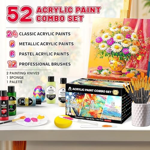 52 Pcs Classic & Metallic & Pastel Acrylic Paint Set with 12 Brushes, 2 Knives & Palette, 36 Colors (2oz/60ml) - for Adults, Kids, Artists & Beginners - Arts and Crafts Painting Kit