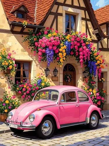 EIBEILI Diamond Painting Kits for Adults DIY 5D Diamond Art Paint with Round Diamonds Full Drill Gem Pink Car Art Painting Kit for Home Wall Decor Gifts 12x16inch
