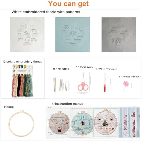 Myfelicity 3 Embroidery kit for Beginners, Beginner Embroidery Kit for Adults. Starter Kits to Learn 28 Different Stitches, Including Fabric with Prints, Threads, Needles, Hoop and Video tutorials…