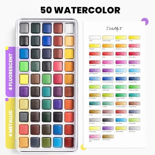 JusArt 50 Colors Watercolor Paint Set,Art Supplies Portable Paint Art Kit