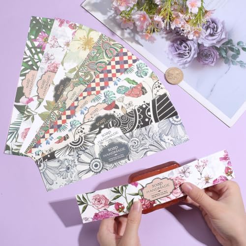PH PandaHall 90pcs Soap Wrapper 9 Style Flower Wrap Paper Tape Vertical Soap Paper Tag Soaps Sleeves Covers for Homemade Soaps Bar Packaging Supplies