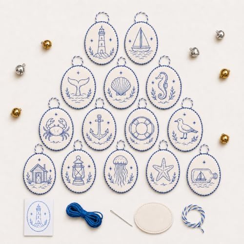 Beginner-Friendly DIY Heirloom Oval Embroidery Ornament Kit Collection, Christmas Embroidery Kit, Threads & Tools, Complete Craft Kits for Adults, Xmas Tree Hanging Decor (Coastal)