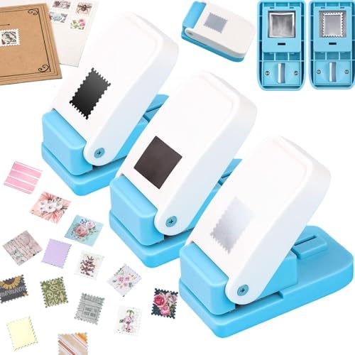 3 Pcs Paper Punch, 1X0.8 inch Rectangular Postage Stamp Punches & 1" Square Hole Punches, Lever Action Craft Hole Puncher for Paper Crafting Card Making DIY Projects Crafts Tools