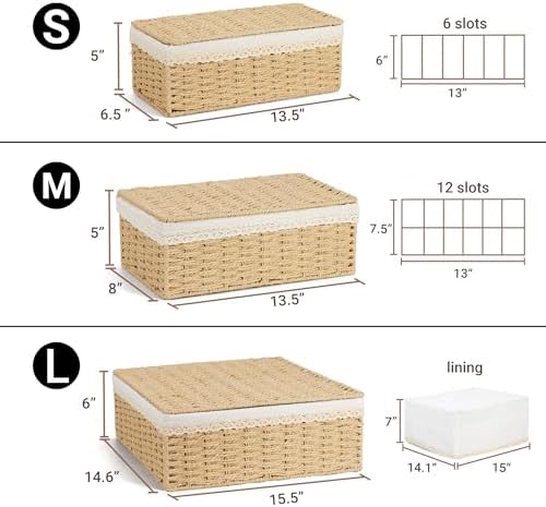 Nonam Rattan Divided Storage Basket with Lid, Set of 3, Natural