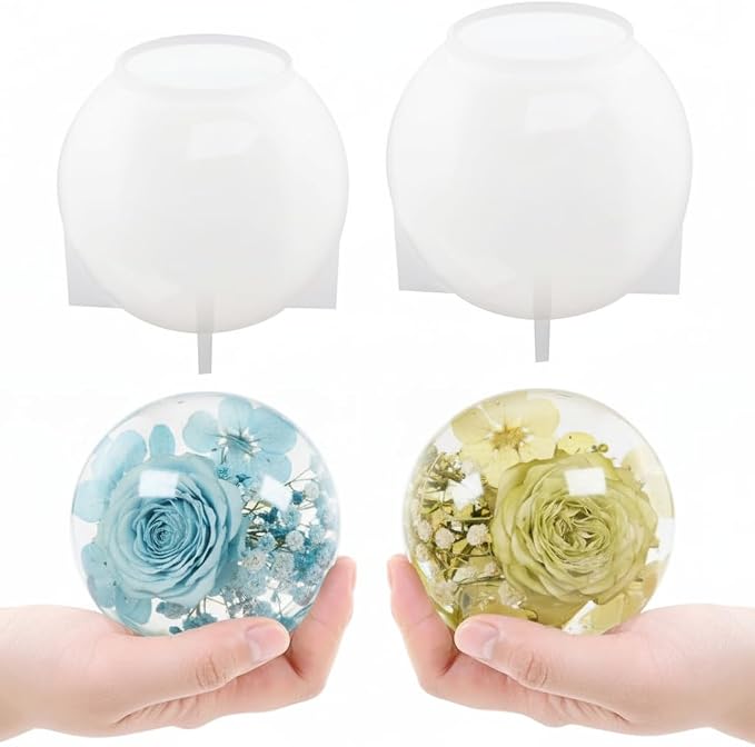 Silicone Resin Sphere Mold Set, White, 4.7" and 3.9" Large Round Ball Molds for Flower Preservation, Epoxy Resin Casting, Candles, Soap Making, DIY Crafts, 2 Pack