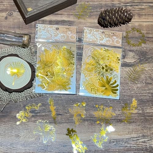 50PCS Boughs and Flowers Stickers Aesthetic PET Stickers Gold Stamp Decal Waterproof Decorative Decals for Scrapbook DIY Crafts Album Bullet Journal Planner Water Bottles Laptop Phone (Gold Stamp-C)