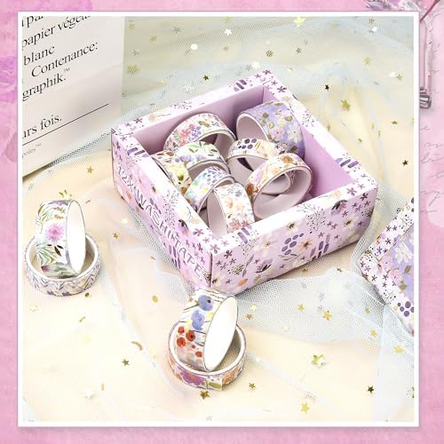 Washi Tape Set, Floral Washi Stickers, 12 Rolls Assorted Sizes, for Junk Journal Scrapbook Tape, Bullet Journaling Scrapbooking Supplies, Planner Sticker DIY Craft DéCor (Purple)