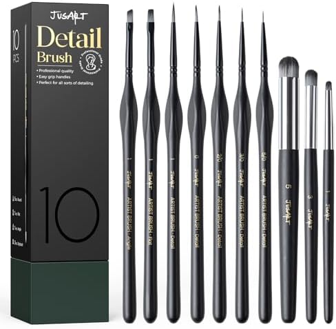 JusArt 10-Piece Detail Paint Brush Set, Miniature Paint Brushes for Models, Acrylic Oil Watercolor, Professional Fine Detail Brushes for Adults & Miniature Painters