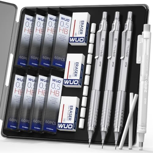 WUO 0.5mm Mechanical Pencil Set, 3 Pack Sliver Metal Drafting Pencils
