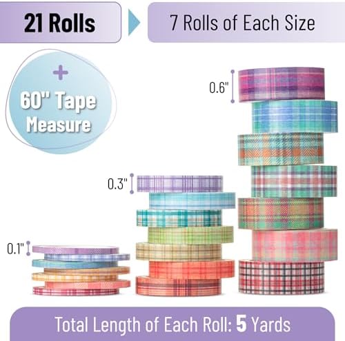 Mr. Pen- Washi Tape Set, 21 Rolls, Assorted Sizes, 5 Yards/Roll | Washi Tape for Scrapbook, Arts, Crafts, Journals and Planners, Plaid Design