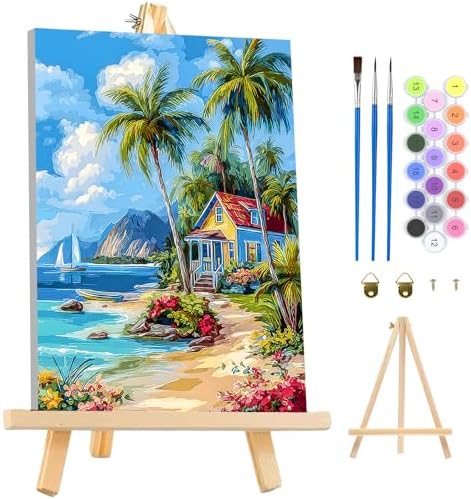 MAXBYE Paint by Numbers Kit for Adults with Frame and Wooden Easel, Easy Beach Landscape Painting Numbers Art Kits on Canvas, DIY Acrylic Painting Kit for Gift Home Wall Garden Decor 10×14 in