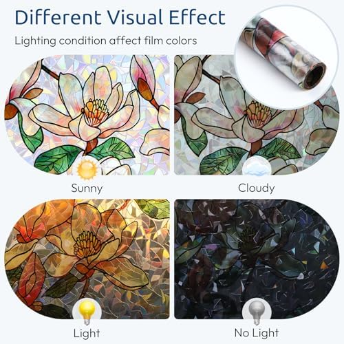 rabbitgoo Window Privacy Film Rainbow, Floral Magnolia, 23.6" x 118.1"