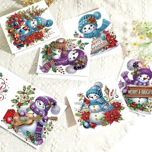 6Pcs Christmas Greeting Card DIY Diamond Art Painting Greeting Cards Blessing Folding Card Kit with White Envelopes Diamond Arts Crafts for Birthday Festival Gift-Snowman