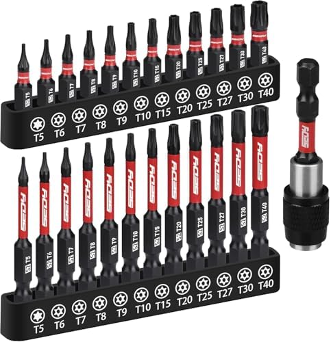 25-Piece Torx Bit Set, 1''&2.5'' Security Tamper Proof Torx Impact Screwdriver Bits, T5-T40 CNC Machined Magnetic Tips, S2 Steel Star Bit, High Torque Strength Precision Tools with Storage Box