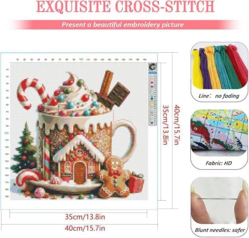 KYOQFVN Christmas Gingerbread Cocoa Mug Stamped Cross Stitch Kits, Embroidery Kits for Beginners Adults, 11 CT Needlepoint Counted Cross Stitch Kits for Beginners Arts Craft 14x14 inch