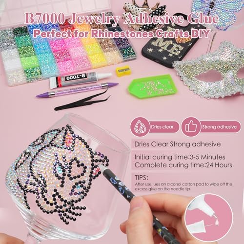 Resin Jelly Rhinestones for Bedazzling, EARLMONI Multi Colord Bedazzler Kit with 15ml B7000 Jewelry Glue Rhinestone Pen Tool for Clothes Nail Art (40 Colors, 3MM)