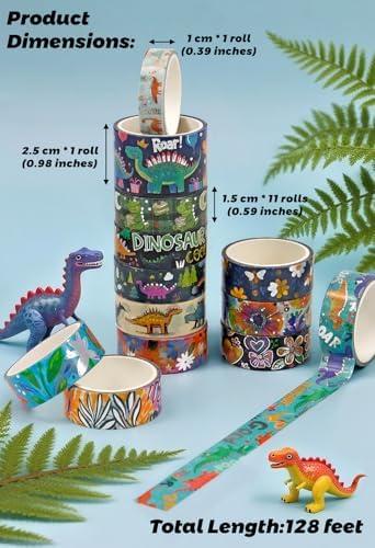 NANYNNU Dinosaur Washi Tape Set, 13 Rolls Silver Foil Cute Washi Tapes, Kawaii Floral Decorative Masking Tape for Journaling Supplies, Scrapbooking, Bullet Journal, Planner Decoration, DIY Crafts