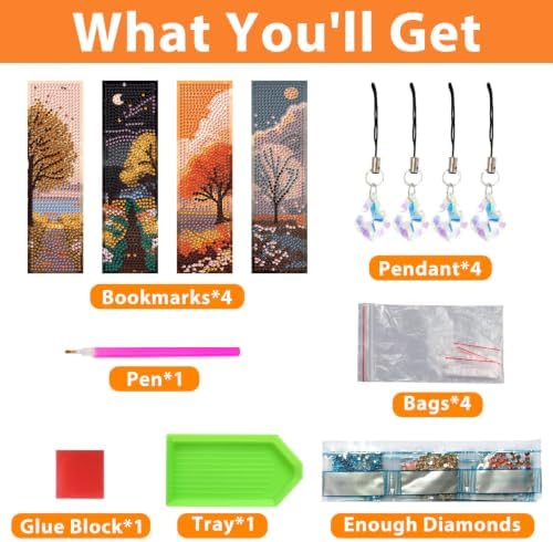 Mandun 4 Pcs Season Diamond Painting Bookmark Kits, Special Shaped Diamond Art Bookmarks with Pendant, DIY Season Diamond Art Bookmarks with Tassels Crafts Gifts Supplies