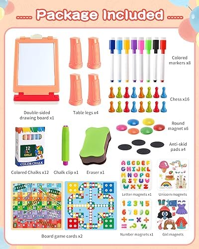 Elovien Foldable Art Easel for Kids, Double Sided with Chalkboard & Magnetic Dry Erase Board, Height Adjustable Desktop Easel, Educational Gift for Girls (Pink)