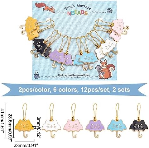 NBEADS 24 Pcs Cat Umbrella Stitch Markers, Enamel Alloy Crochet Stitch Marker Charms Removable Iron Kilt Pin Locking Stitch Marker for Knitting Weaving Sewing Jewelry Making