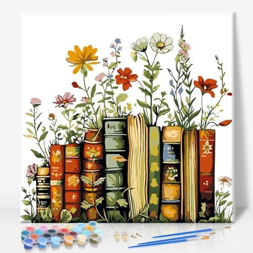 Camocin Framed Paint by Numbers Kit for Adults Beginner - Vintage Books and Wildflowers Paint by Number Canvas with Frame, Cottagecore DIY Acrylic Painting Kit for Book Lovers Home Decor 12x12 Inch