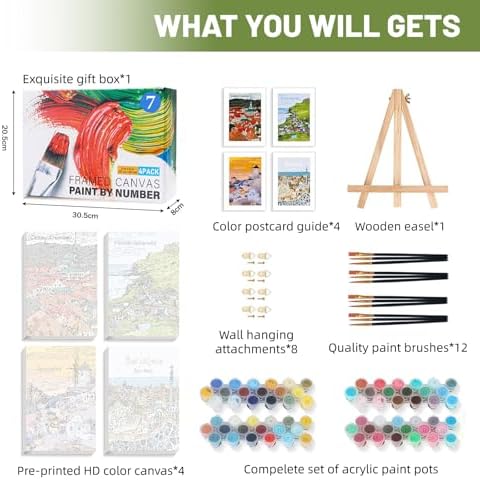 4 Pack Framed Paint by Numbers Kit for Adults Beginner with Wooden Easel, Landscape Easy Paint by Numbers with Frame, DIY Adult Paint by Numbers Kits on Canvas Framed for Home Decor Gift 8x12 Inch