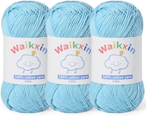 3 Pack of 100% Cotton Yarn for Crocheting,Baby Yarn for Crocheting Soft,5 Ply Milk Cotton Yarn,#2 Sport Weight Cotton Yarn,10.6oz/787.4yds Amigurumi Yarn for Puzzle,Clothes&DIY Crafts.(3 Light Blue)