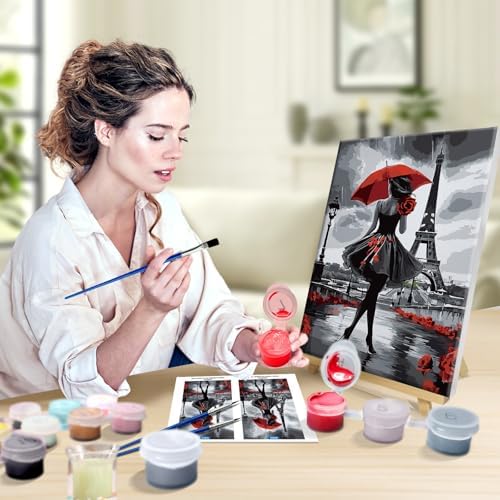 JOOZ Paint by Numbers Kit for Adults with Frame, Eiffel Tower Paint by Number with Easel, DIY Rose Woman Oil Painting by Numbers with Red Umbrella, Adult Paint by Number Kits for Wall Decor 8x12 Inch