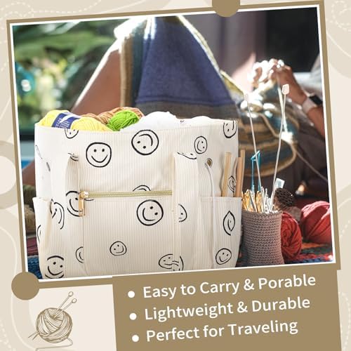 Bulyoou 2 Pcs Crochet Bag and Tote Set, Corduroy Yarn Bag with Grommets, Smile Face Crochet Project Bags Organizer for Hooks, Needles, Knitting Accessories, Gifts for Women Yarn Crafts Lovers