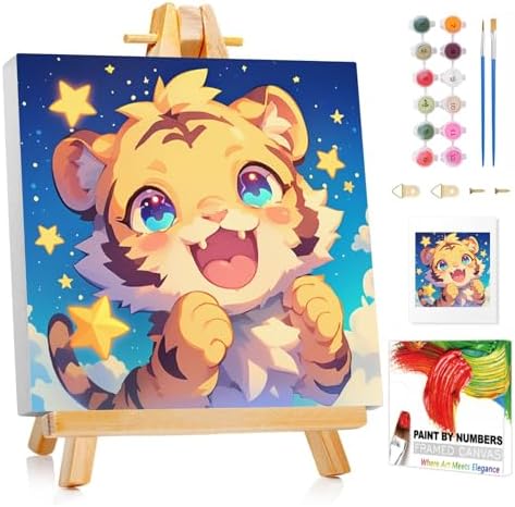 XTCIXAL Paint by Numbers Kit for Kids with Frame, Tiger, 8X8 inch