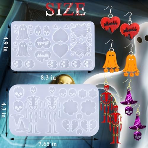 224 PCS Halloween Earring Resin Molds with Hole, Silicone Molds with 80 Earring Hooks Skull Pumpkin Bat Spider Epoxy Resin Jewelry Mold Pendant Keychain