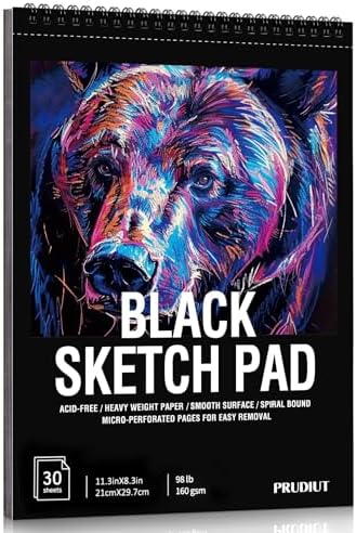 Black Paper Sketchbook 8.3 × 11.7 in, 30 Sheets, 160gsm, Spiral Bound | Acid-Free 98Lb Paper, Top Spiral, Tear-Off Pages, for Colored Pencil, Chalk & Metallic Markers