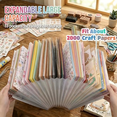 12x12 Scrapbook Paper Storage Organizer with 13 Expandable Pocket, Large Scrapbook Storage for Craft Room Organization, Sticker Storage, Desktop Paper Holder (Pink)