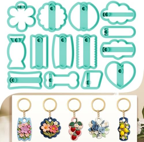 14Pcs Cute Polymer Clay Cutters Cute Ceramics Keychain Cutters for Flower Heart Polymer Pottery Key Ring Making