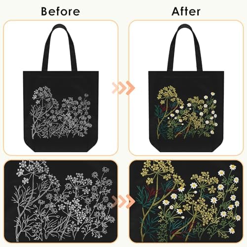 ERKOON Canvas Tote Bag Embroidery Kit for Beginners, Floral Arts Crafts Cross Stitch Kits for Adults Including Stamped Embroidery Bag with Hoops, Needle, Instruction and Color Threads(Chamomile)