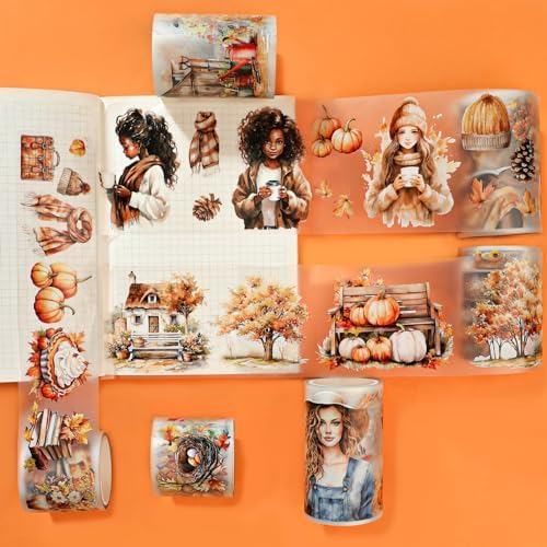 Fall PET Washi Tape Set for Journaling, Scrapbooking & Crafting. Cut & Use as Thanksgiving Harvest Decorative Stickers in Your Junk Journals, Crafts, or Planners