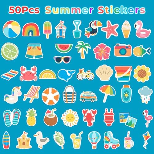 50Pcs Summer Stickers, Cute Vinyl Waterproof Tropical Beach Theme Decals for Kids Water Bottles Laptop Stationery Notebook Skateboard, Sun Surf Party Favors (2-3 Inch)