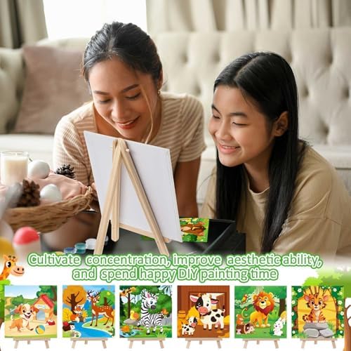 Tenceur 24 Pack 216 Piece Pre Drawn Canvas to Paint for Kid Adult 6 x 6 Inch Stretched Coloring Painting Canvas Panels with Design Easel and Brushes for Party Supplies Beginner Favor(Animals)